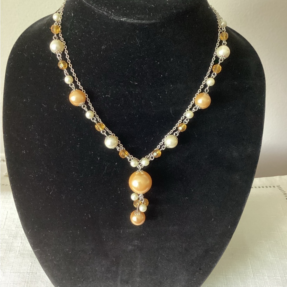 Gold and Cream Beaded Necklace with Pendant